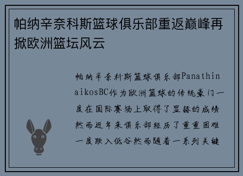帕纳辛奈科斯篮球俱乐部重返巅峰再掀欧洲篮坛风云 帕纳辛奈科斯篮球俱乐部重返巅峰再掀欧洲篮坛风云